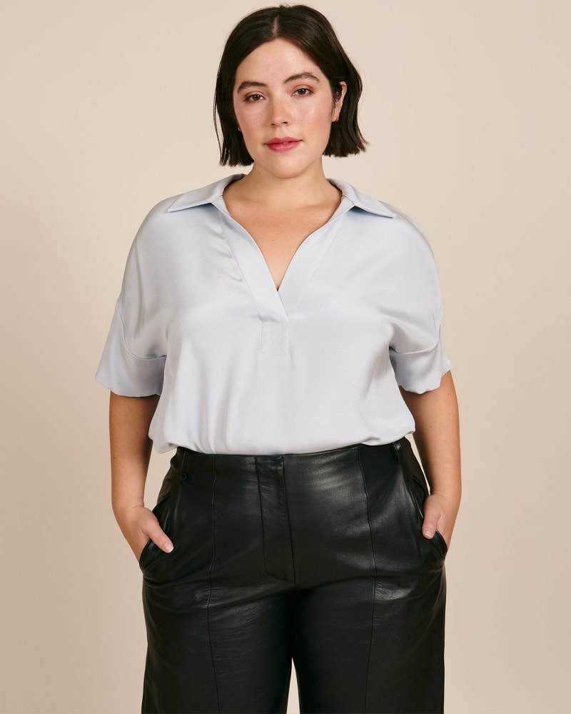 Front of a model wearing a size 14 Jagio Top in Light Blue by Rachel Comey. | dia_product_style_image_id:226519